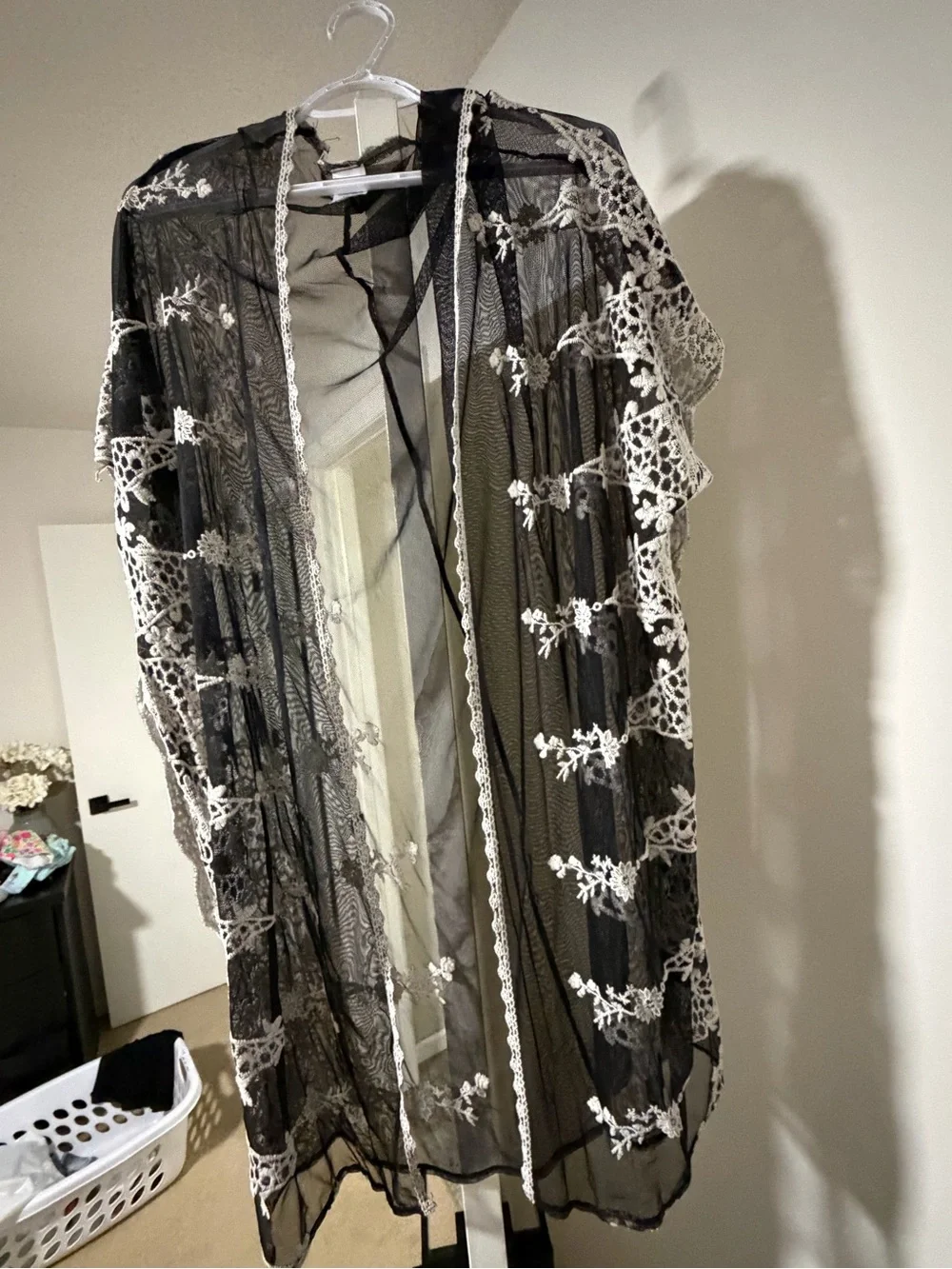 Sheer Black Lace Kimono Robe with Ivory Floral Embroidery